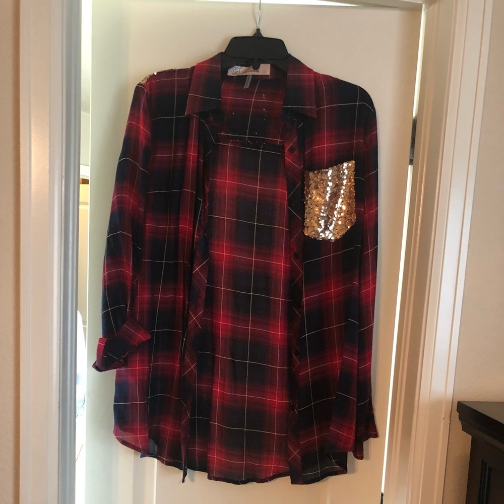 Button up with sequin shoulders and pocket
